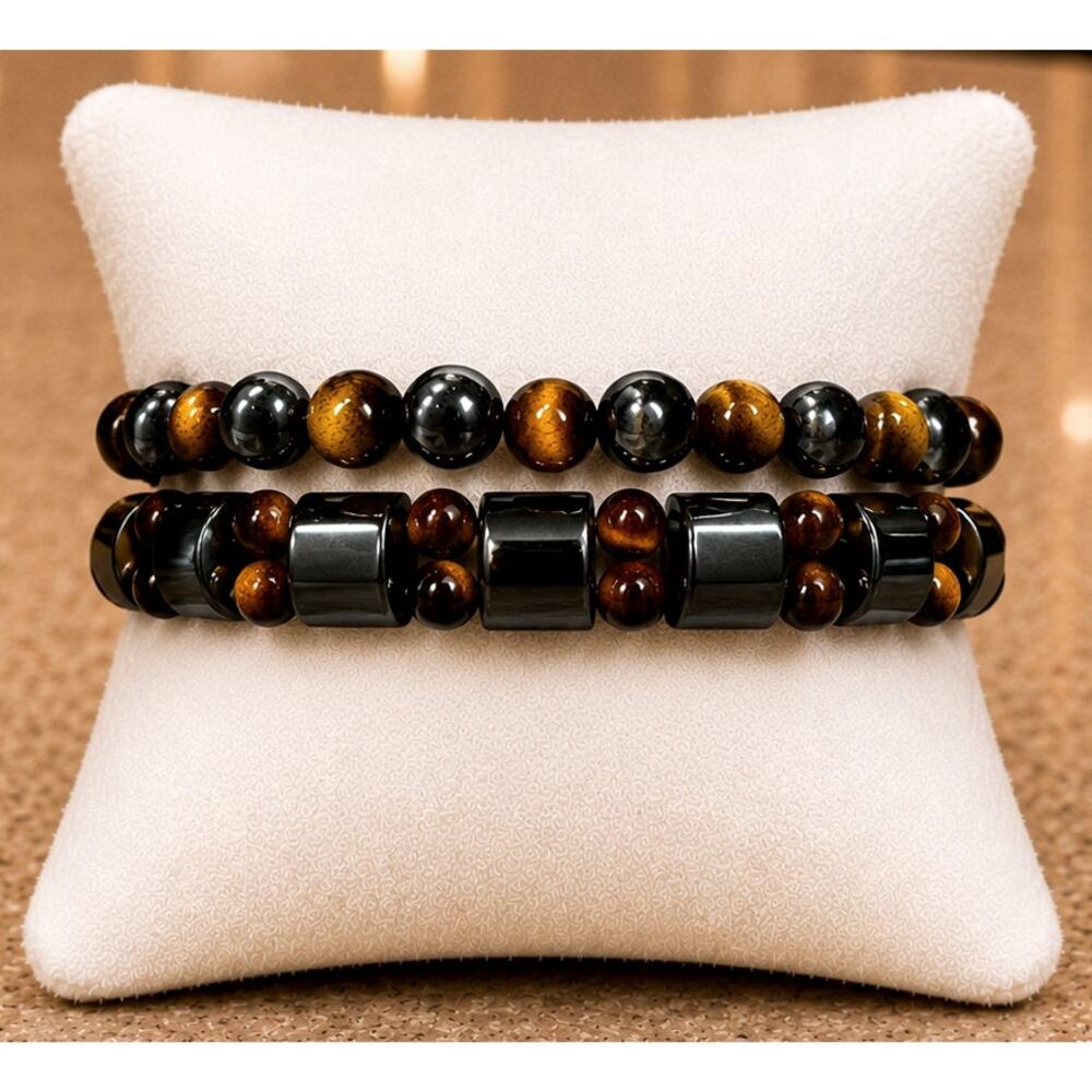 2 pc Double Protection Bracelets Tiger Eye Stone Obsidian Unisex